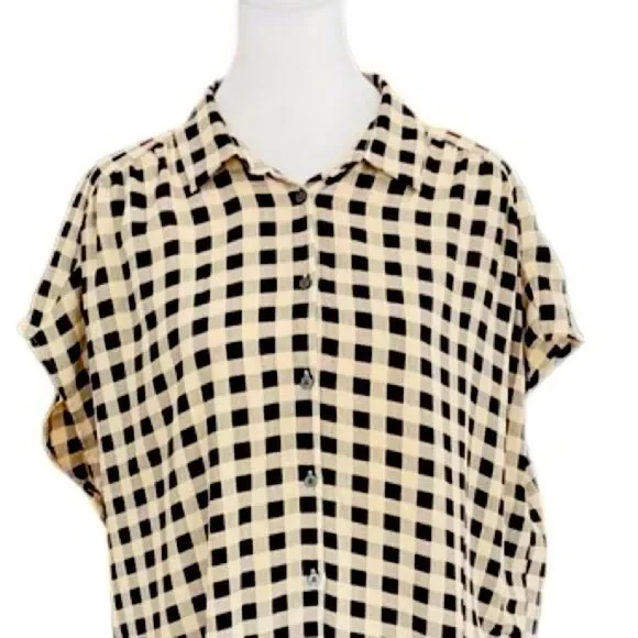 LOFT Outlet Button front Black and Tan Check Camp style Blouse size L - Picture 2 of 6